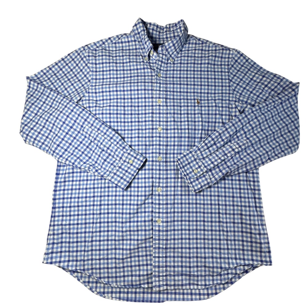 Ralph Lauren Blue White Gingham Check Button Down Shirt Pony Logo Men's XL